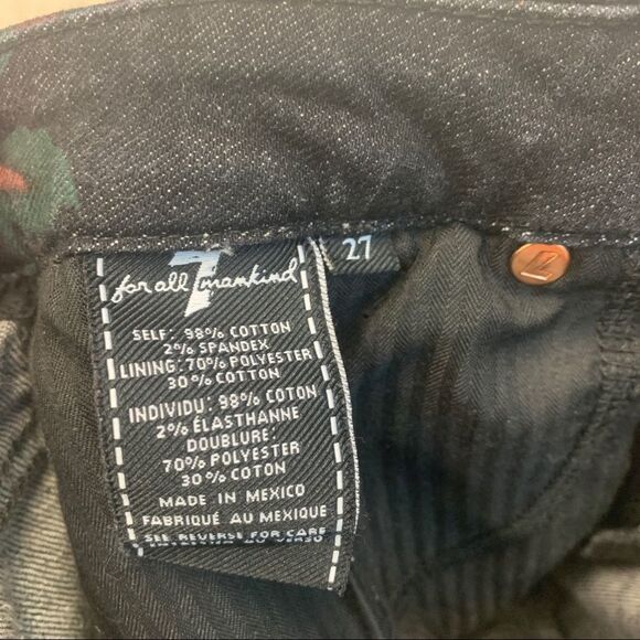 7 For All Mankind Skirt Size 27 Denim Mini A Line Floral Art Raw Hem Black - Picture 8 of 14